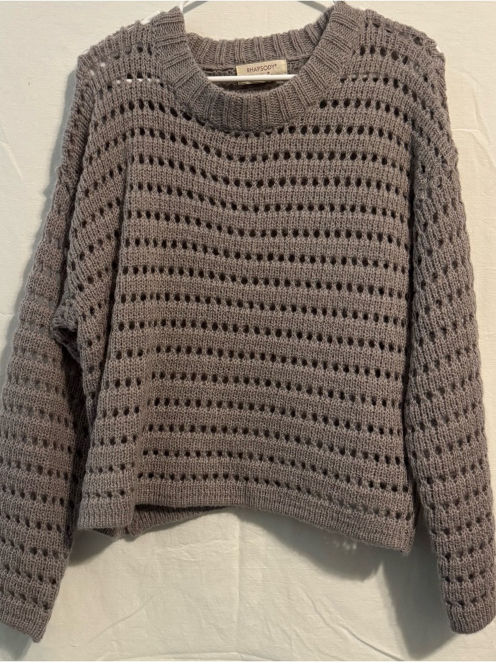 Rhapsody Taupe Open-Knit Crewneck Sweater
